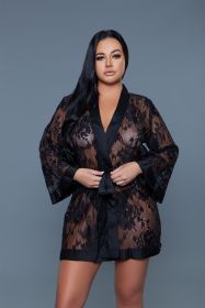 2275 Delia Robe Floral Lace Robe with Satin Trimming (Color: Black, size: 2X)